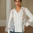 Blusa elegante de manga larga con encaje de contraste frances para mujer