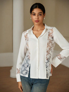Blusa elegante de manga larga con encaje de contraste frances para mujer