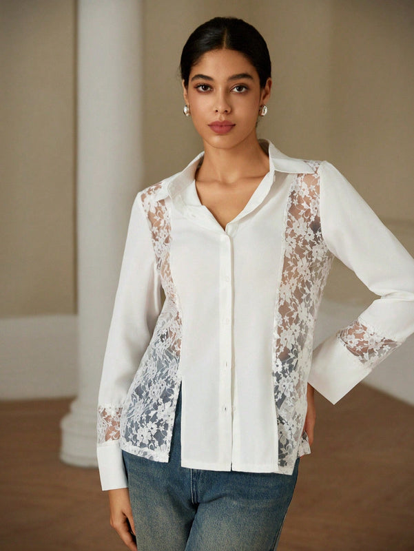 Blusa elegante de manga larga con encaje de contraste frances para mujer