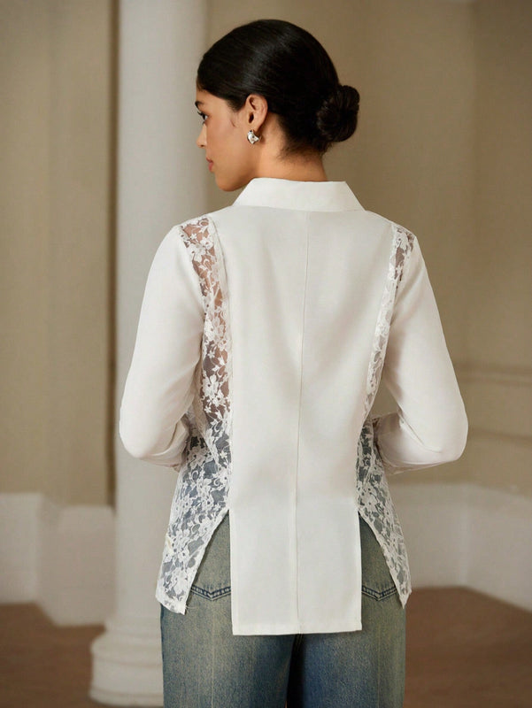 Blusa elegante de manga larga con encaje de contraste frances para mujer