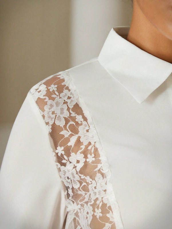 Blusa elegante de manga larga con encaje de contraste frances para mujer