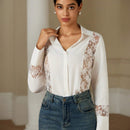 Blusa elegante de manga larga con encaje de contraste frances para mujer