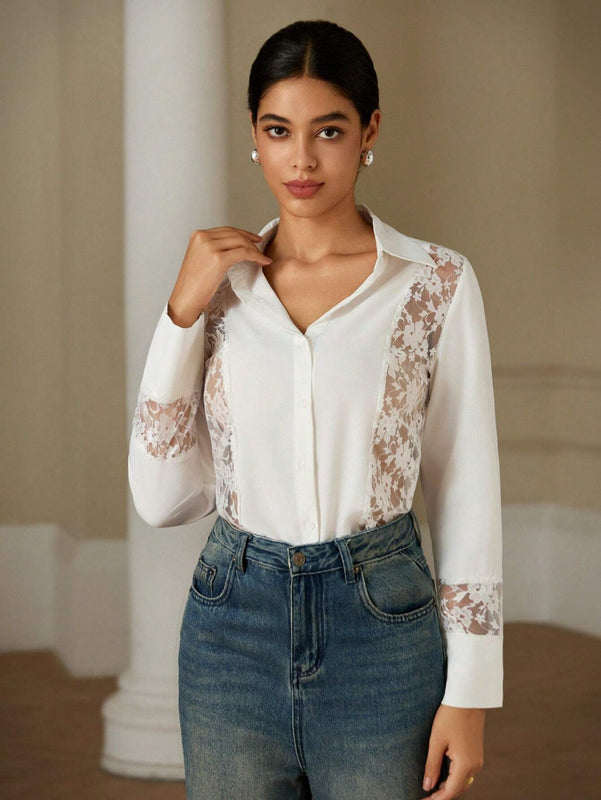 Blusa elegante de manga larga con encaje de contraste frances para mujer