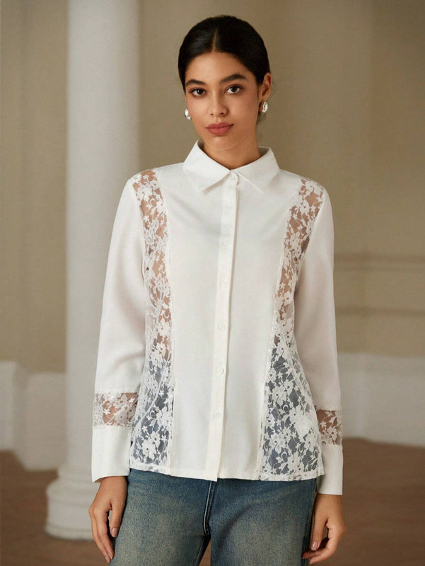Blusa elegante de manga larga con encaje de contraste frances para mujer
