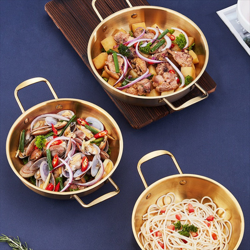 1 Juego de ollas de acero inoxidable para sopa, olla de barro para ramen coreano dorado, olla caliente para mariscos, compatible con cocina de inducción, sin carga, no requiere batería.