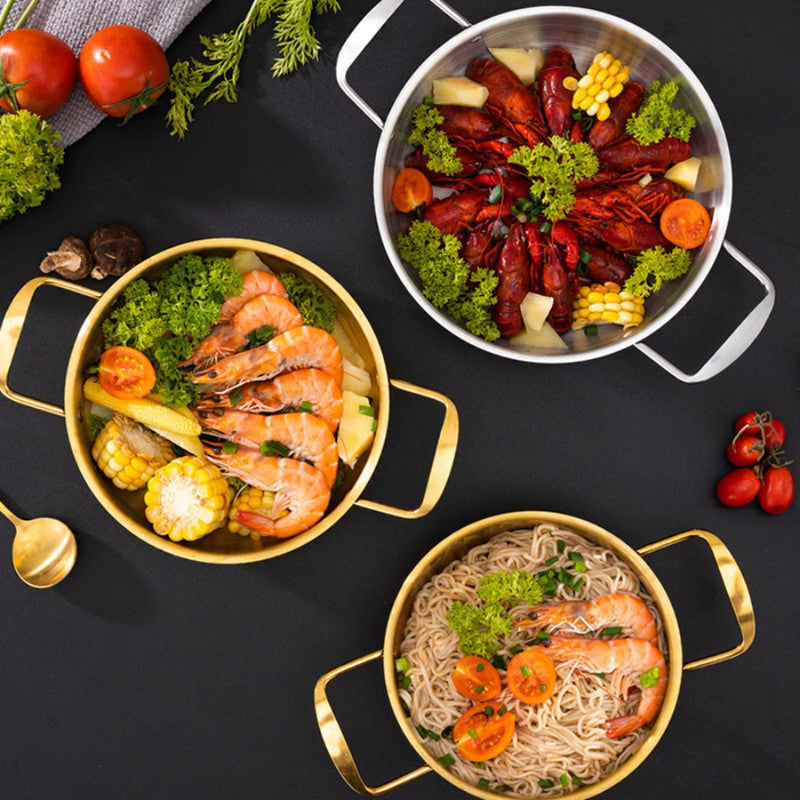 1 Juego de ollas de acero inoxidable para sopa, olla de barro para ramen coreano dorado, olla caliente para mariscos, compatible con cocina de inducción, sin carga, no requiere batería.