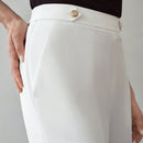 Motf premium pantalones de pierna ancha con bolsillo inclinado, detalle de boton y costuras frontales en color dorado solido