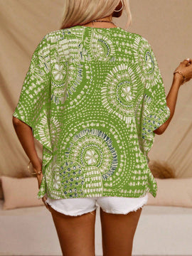 Blusa casual holgada con estampado floral, cuello en V y mangas tipo murcielago para mujer