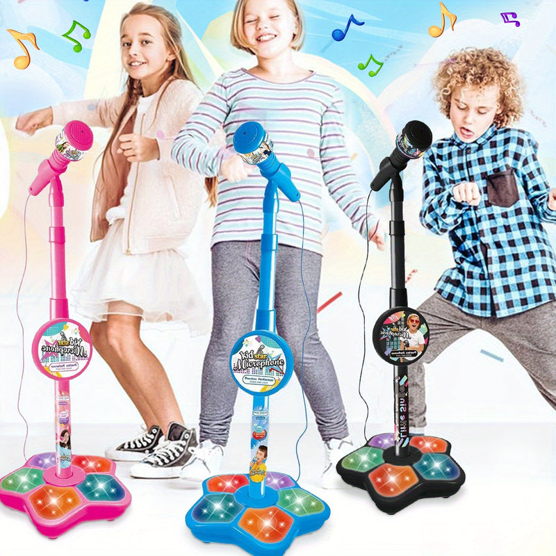 Micrófono de Karaoke LED para Niños con Soporte Ajustable - Portátil, Juguete Educativo para Fomentar el Cerebro, Ideal para Fiestas de Cumpleaños y Regalos de Conciertos, Azul/Negro