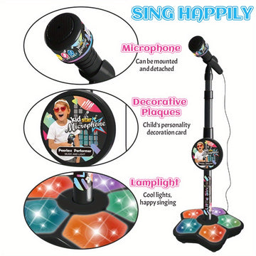 Micrófono de Karaoke LED para Niños con Soporte Ajustable - Portátil, Juguete Educativo para Fomentar el Cerebro, Ideal para Fiestas de Cumpleaños y Regalos de Conciertos, Azul/Negro