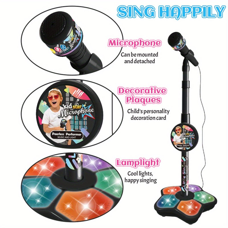 Micrófono de Karaoke LED para Niños con Soporte Ajustable - Portátil, Juguete Educativo para Fomentar el Cerebro, Ideal para Fiestas de Cumpleaños y Regalos de Conciertos, Azul/Negro