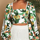 Blusa corta de ajuste delgado con estampado tejido, mangas farol y cuello cuadrado, para vacaciones, Blusas de mujer, Ropa de otono