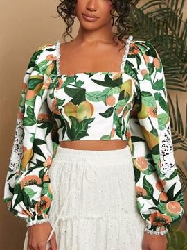 Blusa corta de ajuste delgado con estampado tejido, mangas farol y cuello cuadrado, para vacaciones, Blusas de mujer, Ropa de otono