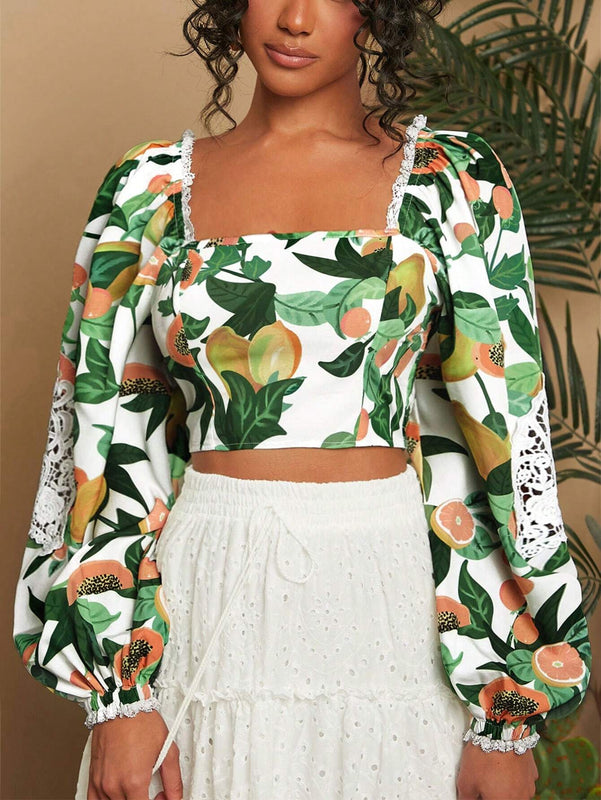 Blusa corta de ajuste delgado con estampado tejido, mangas farol y cuello cuadrado, para vacaciones, Blusas de mujer, Ropa de otono