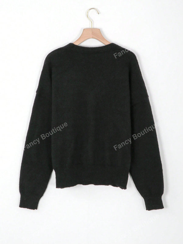 Nuevo cardigan de punto de manga larga informal con cuello en v y abotonado, color negro, para mujeres, adecuado como prenda de abrigo, estilo otono/invierno 2024