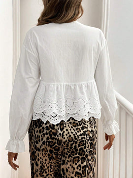 Blusa informal para mujer con cuello en V profundo, manga abullonada, empalmado con lazo y dobladillo bordado con flores