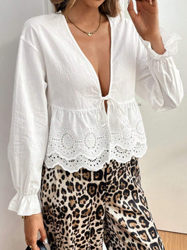Blusa informal para mujer con cuello en V profundo, manga abullonada, empalmado con lazo y dobladillo bordado con flores