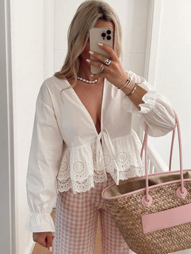 Blusa informal para mujer con cuello en V profundo, manga abullonada, empalmado con lazo y dobladillo bordado con flores