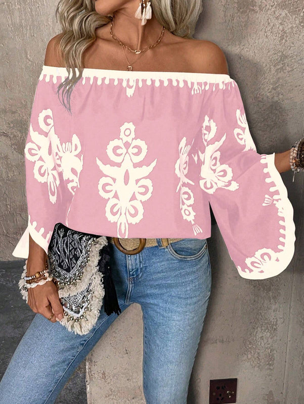 Blusa holgada de manga larga con estampado total y hombros descubiertos para mujeres