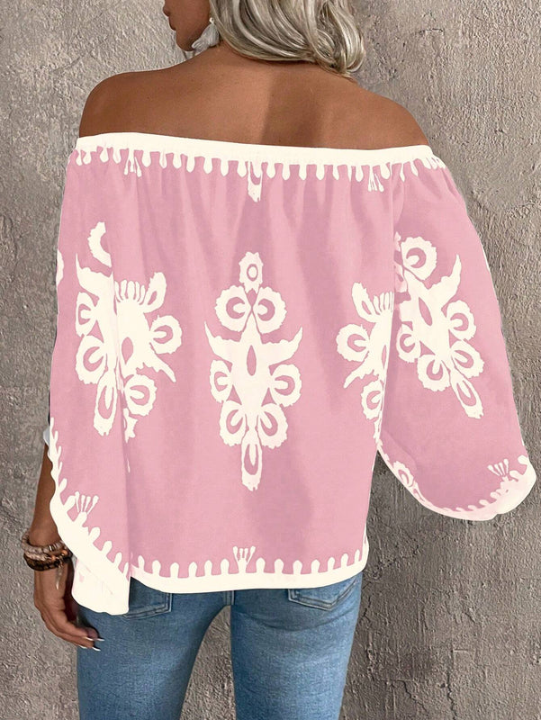 Blusa holgada de manga larga con estampado total y hombros descubiertos para mujeres