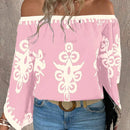 Blusa holgada de manga larga con estampado total y hombros descubiertos para mujeres