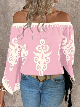 Blusa holgada de manga larga con estampado total y hombros descubiertos para mujeres