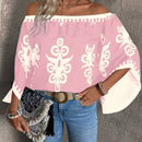 Blusa holgada de manga larga con estampado total y hombros descubiertos para mujeres