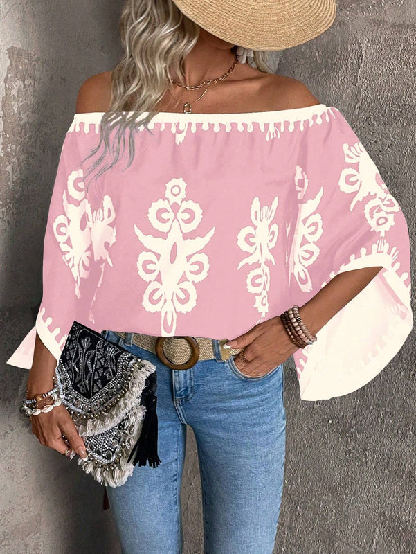 Blusa holgada de manga larga con estampado total y hombros descubiertos para mujeres