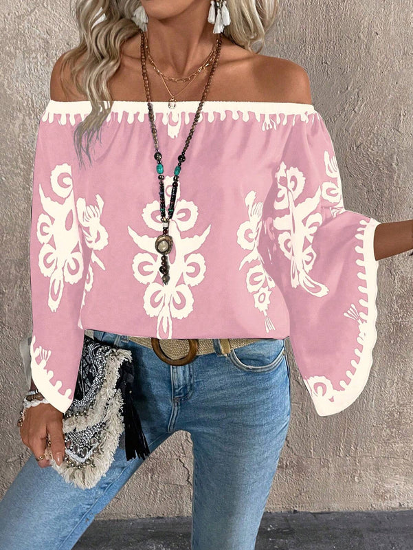 Blusa holgada de manga larga con estampado total y hombros descubiertos para mujeres
