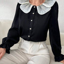 Mulvari Blusa casual suave con cuello Peter Pan, punos con volantes y abotonadura para mujer
