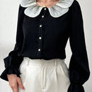 Mulvari Blusa casual suave con cuello Peter Pan, punos con volantes y abotonadura para mujer