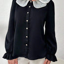Mulvari Blusa casual suave con cuello Peter Pan, punos con volantes y abotonadura para mujer
