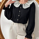 Mulvari Blusa casual suave con cuello Peter Pan, punos con volantes y abotonadura para mujer