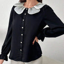 Mulvari Blusa casual suave con cuello Peter Pan, punos con volantes y abotonadura para mujer