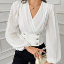 Blusa elegante de doble botonadura con mangas de farol y cuello en V de unicolor para mujer, primavera y verano