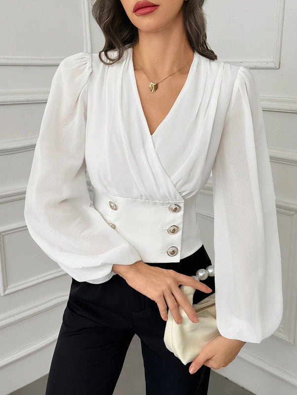 Blusa elegante de doble botonadura con mangas de farol y cuello en V de unicolor para mujer, primavera y verano