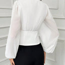 Blusa elegante de doble botonadura con mangas de farol y cuello en V de unicolor para mujer, primavera y verano