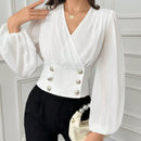 Blusa elegante de doble botonadura con mangas de farol y cuello en V de unicolor para mujer, primavera y verano