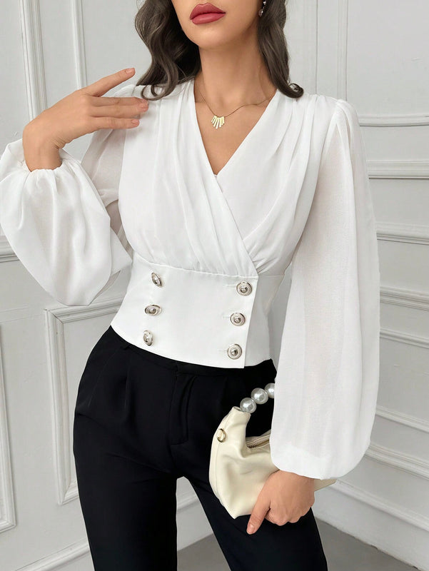 Blusa elegante de doble botonadura con mangas de farol y cuello en V de unicolor para mujer, primavera y verano