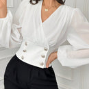 Blusa elegante de doble botonadura con mangas de farol y cuello en V de unicolor para mujer, primavera y verano
