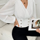 Blusa elegante de doble botonadura con mangas de farol y cuello en V de unicolor para mujer, primavera y verano