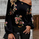 Camisa de mujer con botones, estampado floral de manga larga y mangas abullonadas elegantes