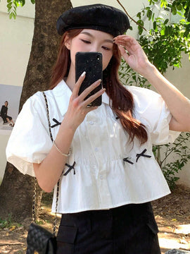 DAZY Camisa de mujer con cuello a rayas, mangas abullonadas, lazo y plisado