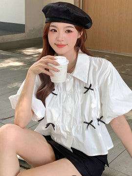 DAZY Camisa de mujer con cuello a rayas, mangas abullonadas, lazo y plisado