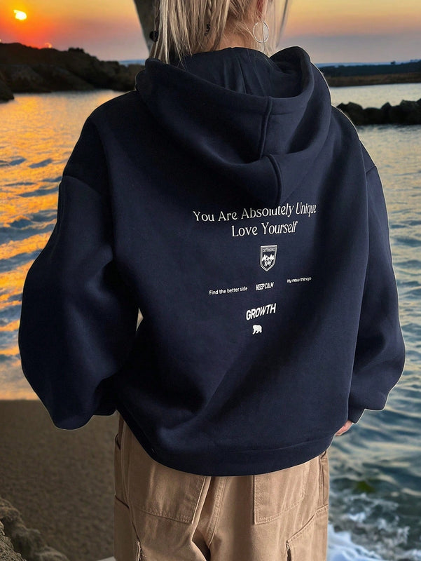 Dazy sudadera con capucha minimalista con estampado de letras para mujer, uso casual diario