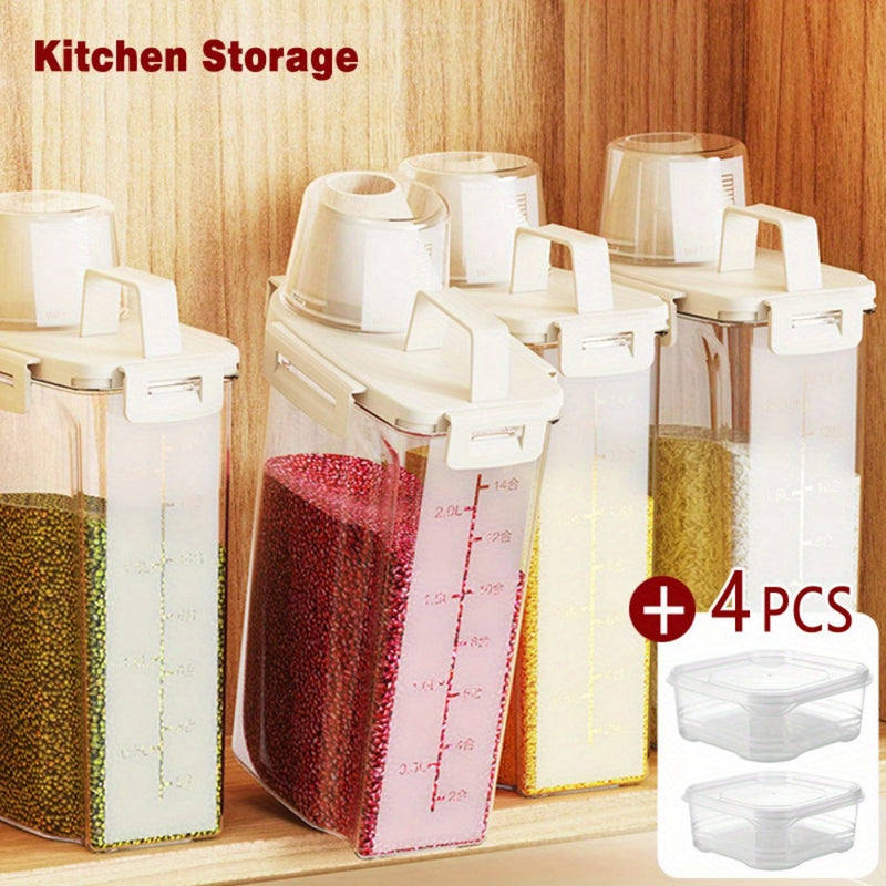 5 piezas de recipientes herméticos para alimentos de polipropileno, diseño cuadrado, ideales para arroz, cereales, nueces y harina, incluye 4 tazas medidoras con tapas, esenciales de cocina, seguridad alimentaria, almacenamiento de arroz
