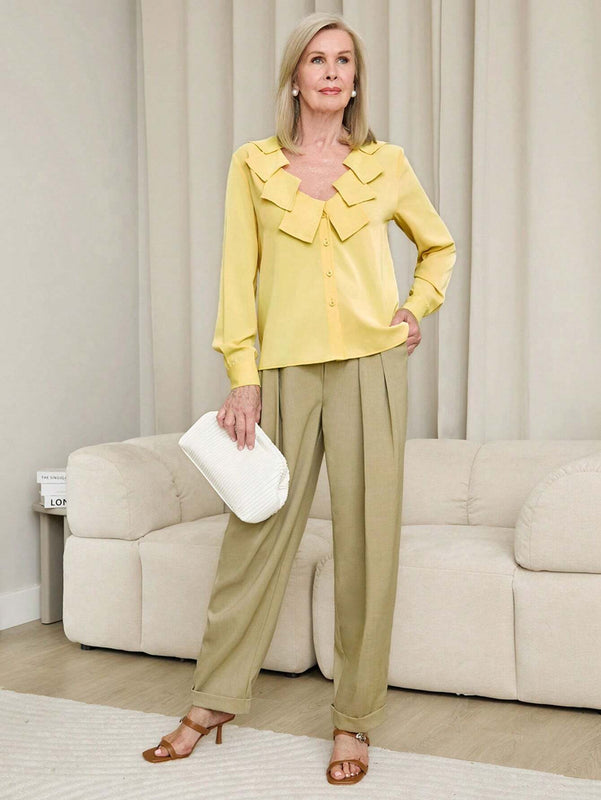 EMERY ROSE Blusa elegante de manga larga con cuello en V de unicolor para la oficina, primavera y verano