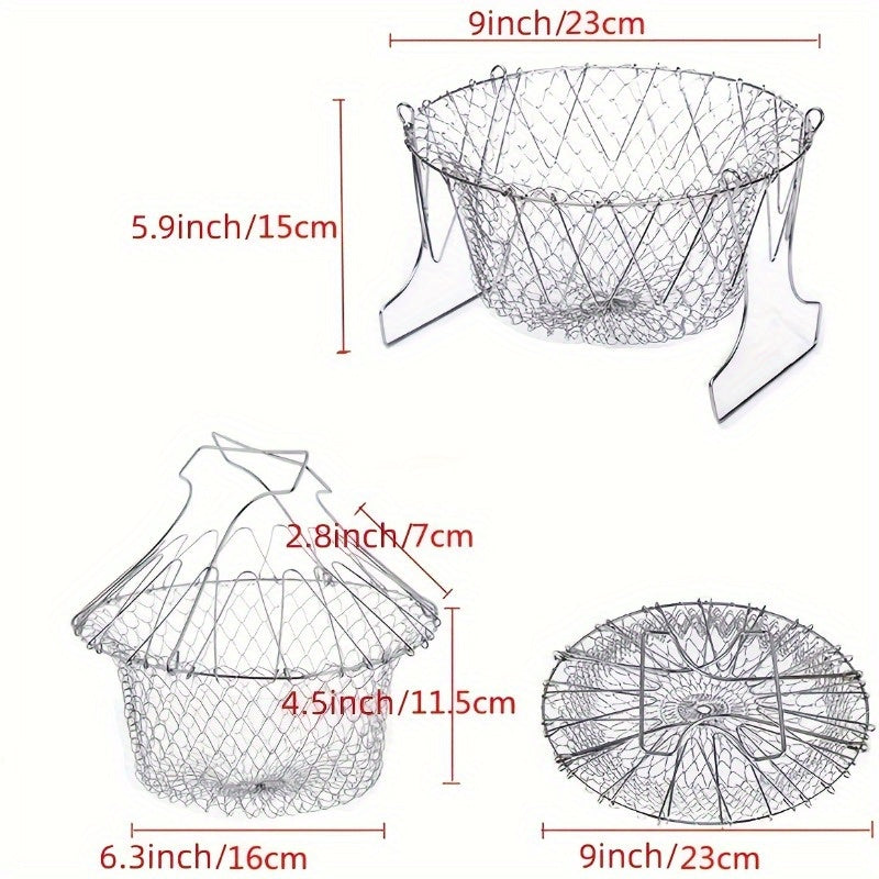 Cesta de freír plegable de acero inoxidable, colador de malla multifunción para cocina para freír y exhibir frutas - Accesorios de cocina duraderos, paquete de 1
