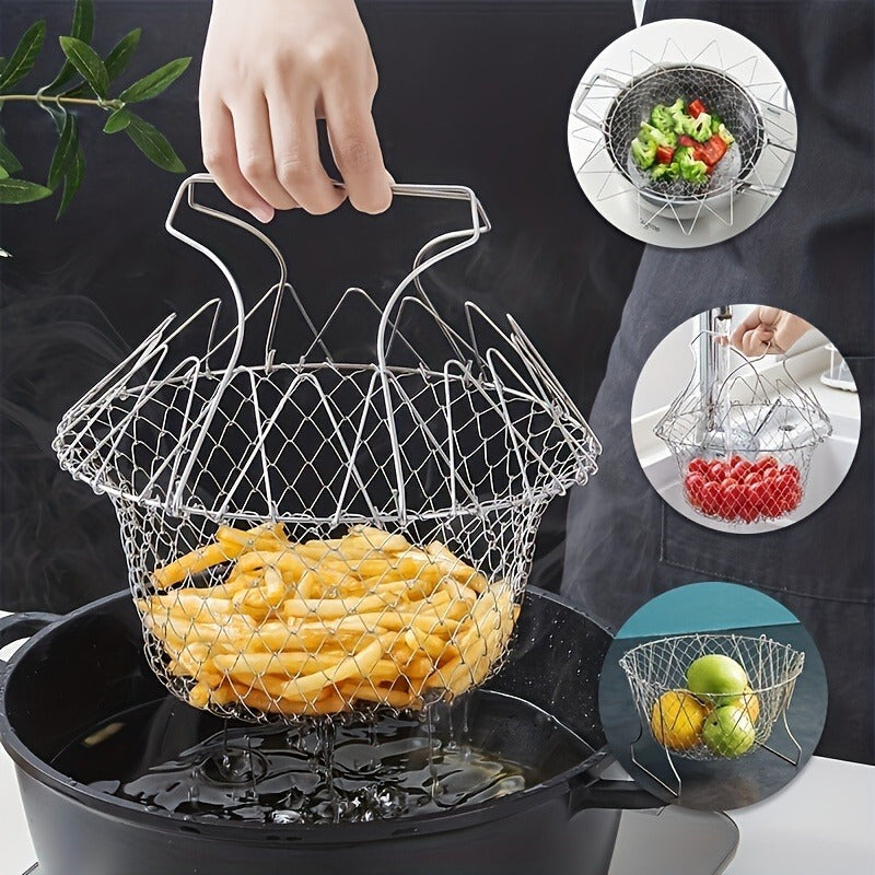 Cesta de freír plegable de acero inoxidable, colador de malla multifunción para cocina para freír y exhibir frutas - Accesorios de cocina duraderos, paquete de 1