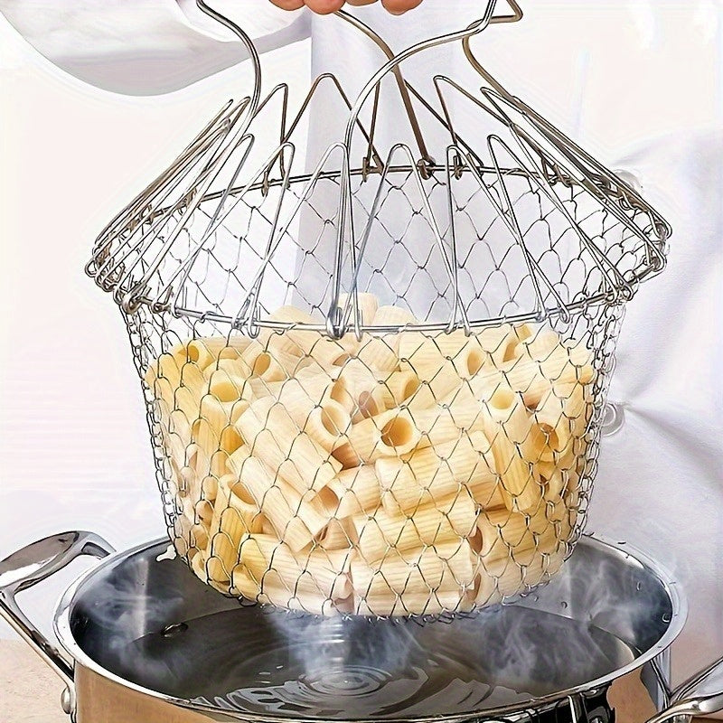 Cesta de freír plegable de acero inoxidable, colador de malla multifunción para cocina para freír y exhibir frutas - Accesorios de cocina duraderos, paquete de 1